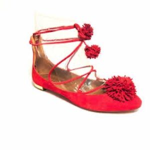 Aquazzura Red Pom-Pom Lace-Up Flats